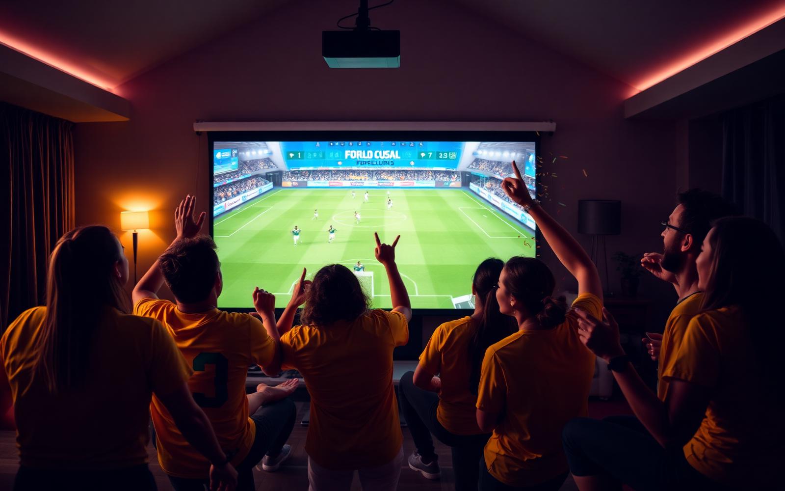 Amigos assistindo jogo da Copa em tela gigante